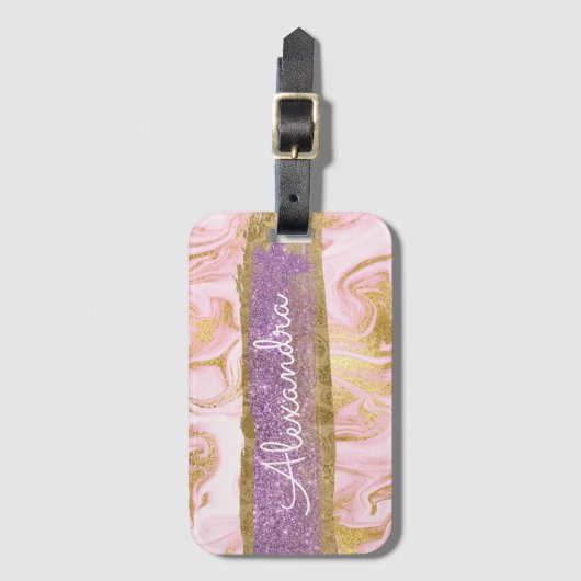 Goud en roze marmer met Gold Foil en Glitter Bagagelabel (Voorkant (verticaal))