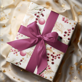 Goud en roze | Ornamenten & Winterberry Patroon Cadeaupapier