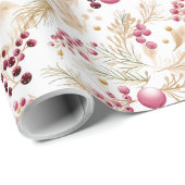 Goud en roze | Ornamenten & Winterberry Patroon Cadeaupapier (Rol Hoek)