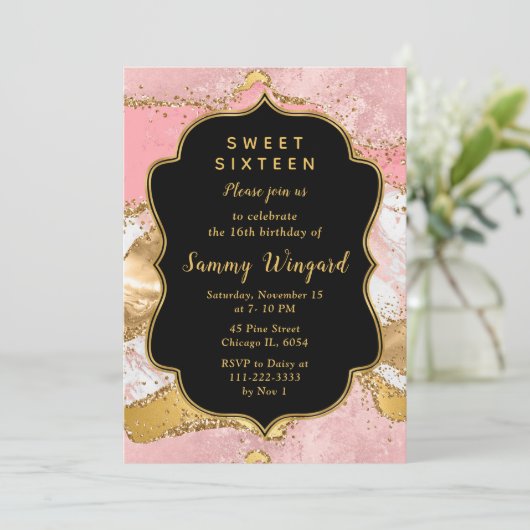 Goud en Roze Sequins Agaat Sweet Sixteen Kaart (Staand voorkant)