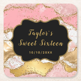 Goud en Roze Sequins Agaat Sweet Sixteen Kartonnen Onderzetters