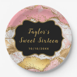 Goud en Roze Sequins Agaat Sweet Sixteen Papieren Bordje
