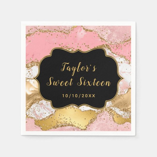 Goud en Roze Sequins Agaat Sweet Sixteen Servet (Voorkant)
