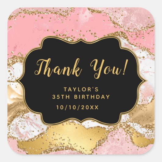 Goud en Roze Sequins Agaat Verjaardag Dank u Vierkante Sticker (Voorkant)
