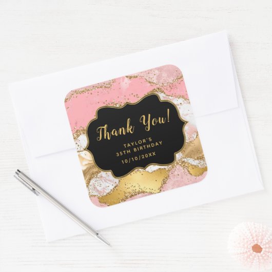 Goud en Roze Sequins Agaat Verjaardag Dank u Vierkante Sticker (Envelop)
