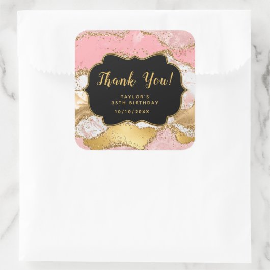 Goud en Roze Sequins Agaat Verjaardag Dank u Vierkante Sticker (Tas)