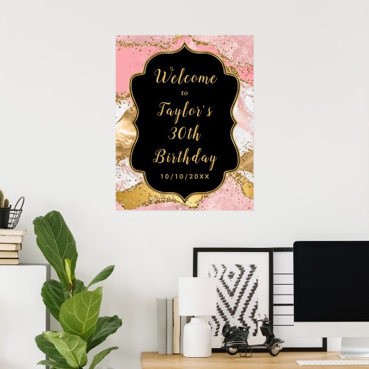 Goud en Roze Sequins Agaat Verjaardag Welkom Poster (Thuiskantoor)