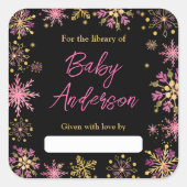 Goud en Roze Sneeuwvlokken Baby shower Bookplate Vierkante Sticker (Voorkant)