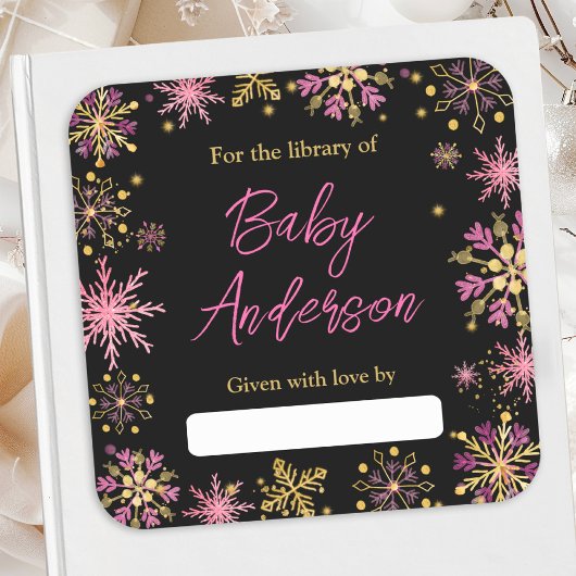 Goud en Roze Sneeuwvlokken Baby shower Bookplate Vierkante Sticker