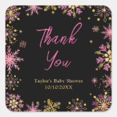 Goud en Roze Sneeuwvlokken Baby shower Dank U Vierkante Sticker (Voorkant)