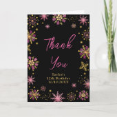 Goud en Roze Sneeuwvlokken Verjaardagsfeest Bedankkaart (Voorkant)