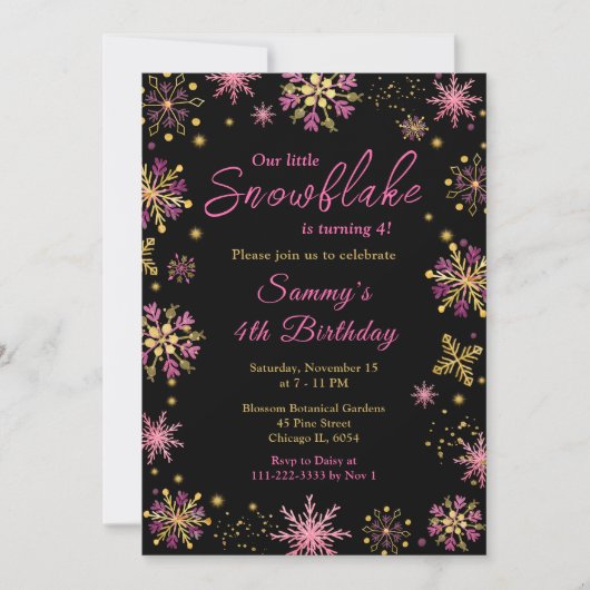 Goud en Roze Sneeuwvlokken Verjaardagsfeest Kaart (Voorkant)