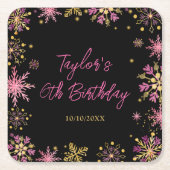 Goud en Roze Sneeuwvlokken Verjaardagsfeest Kartonnen Onderzetters (Voorkant)