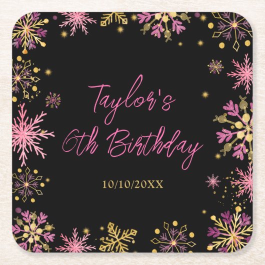 Goud en Roze Sneeuwvlokken Verjaardagsfeest Kartonnen Onderzetters (Voorkant)