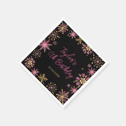 Goud en Roze Sneeuwvlokken Verjaardagsfeest Servet (Hoek)