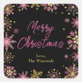 Goud en roze snowflakes, prettig kerstfeest vierkante sticker (Voorkant)