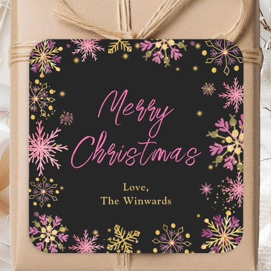 Goud en roze snowflakes, prettig kerstfeest vierkante sticker