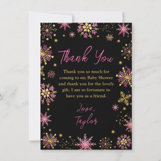 Goud en roze Snowflakes WinterBaby shower Bedankkaart (Voorkant)