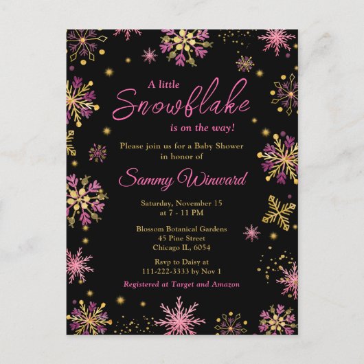 Goud en roze Snowflakes WinterBaby shower Briefkaart (Voorkant)