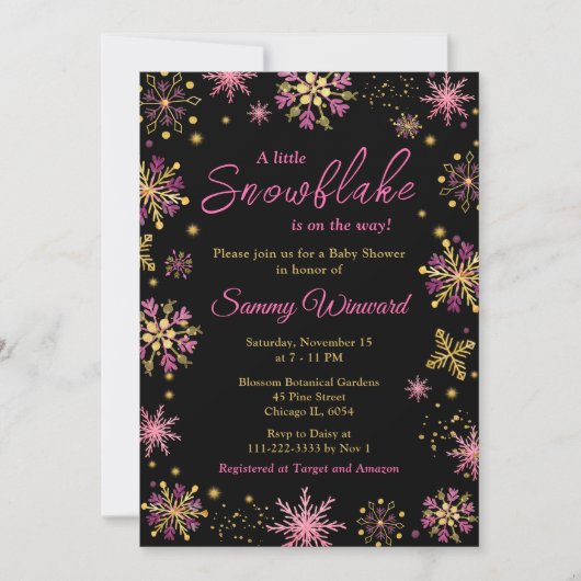 Goud en roze Snowflakes WinterBaby shower Kaart (Voorkant)