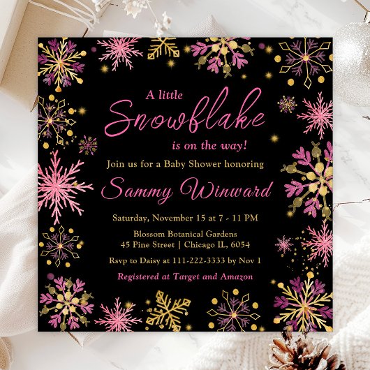 Goud en roze Snowflakes WinterBaby shower Kaart