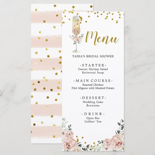 Goud en Roze Stoffig Roos Soiree Vrijgezellenfeest Menu (Voorkant / Achterkant)