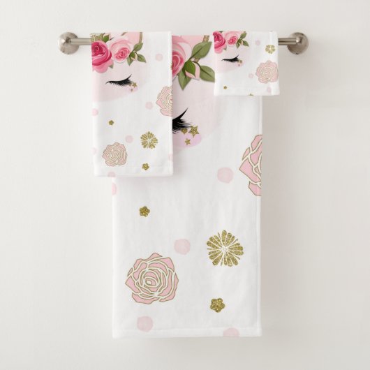 Goud en roze Unicorn Blooms Trendy Cute Bad Handdoek (Insitu)