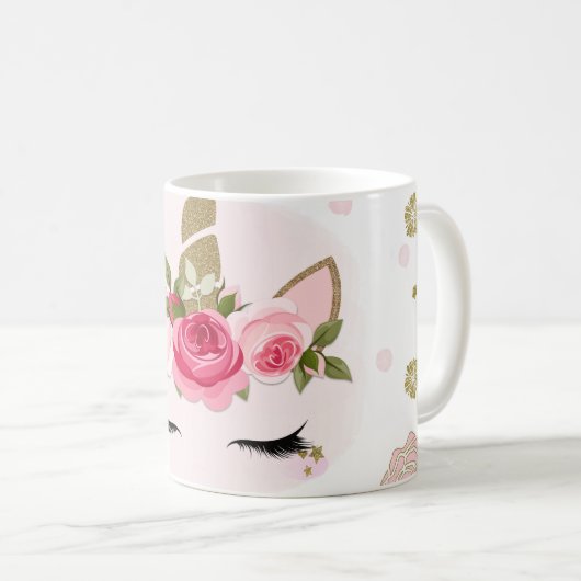 Goud en roze Unicorn Blooms Trendy Cute Koffiemok (Voorkant rechts)