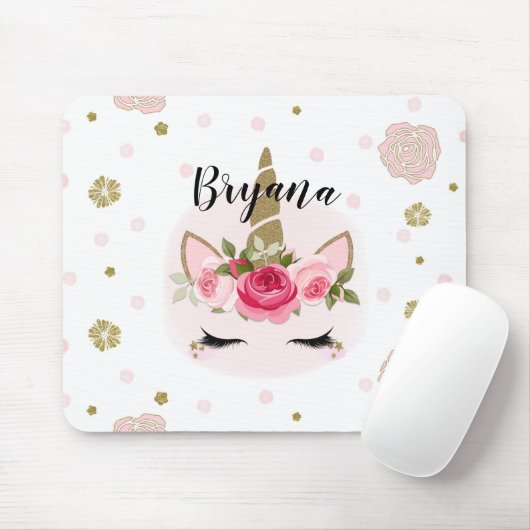 Goud en roze Unicorn Blooms Trendy Cute Muismat (Met muis)
