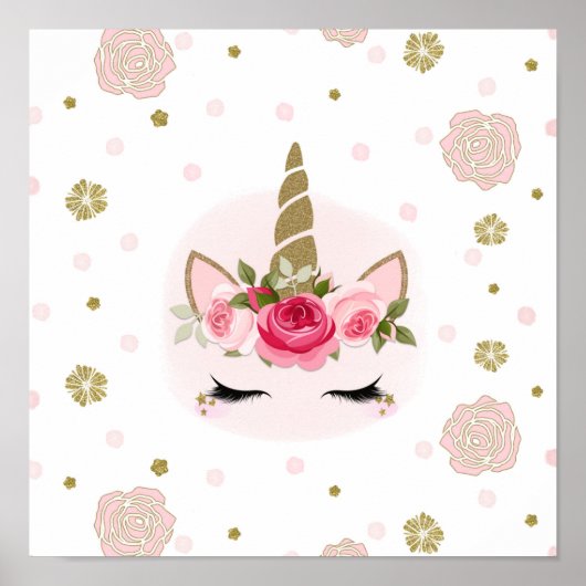 Goud en roze Unicorn Blooms Trendy Cute Poster (Voorkant)