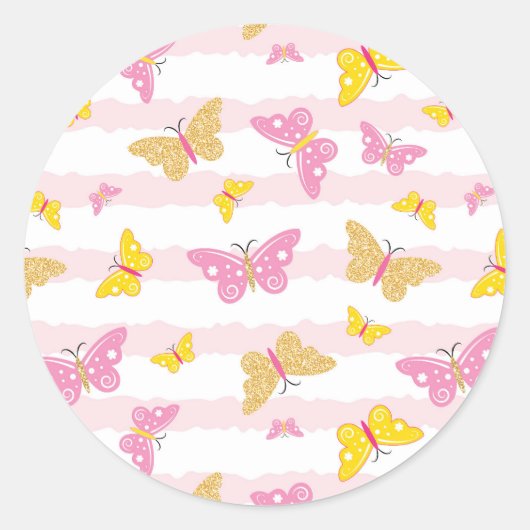 Goud en roze vlinder ronde sticker (Voorkant)