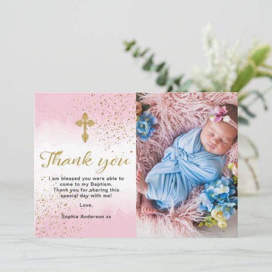 Goud en roze Waterverf Bedankkaart (Staand voorkant)