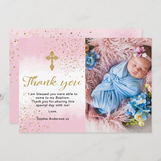 Goud en roze Waterverf Bedankkaart (Voorkant / Achterkant)