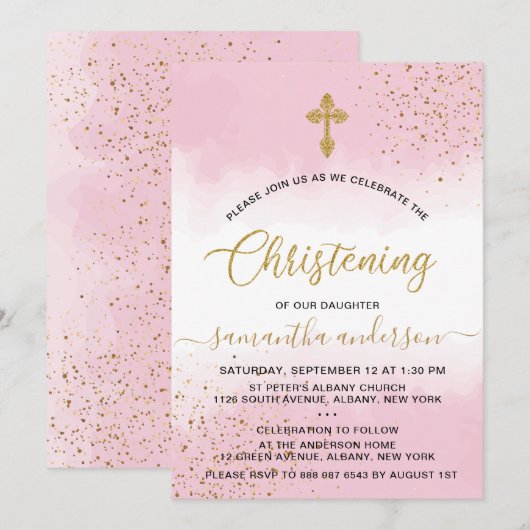 Goud en roze Waterverf meisje Christening Kaart (Voorkant / Achterkant)