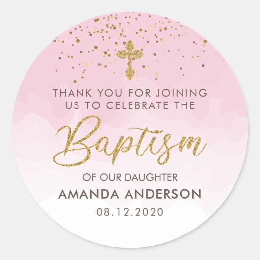 Goud en roze Waterverf meisje doop dank u Ronde Sticker (Voorkant)