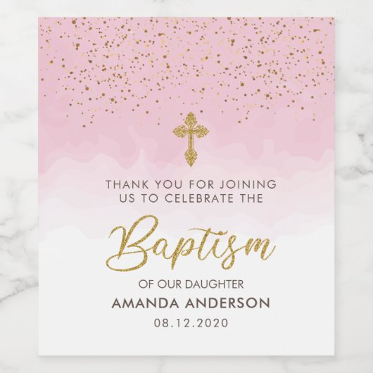 Goud en roze Waterverf meisje doop Wijn Etiket (Enkel label)