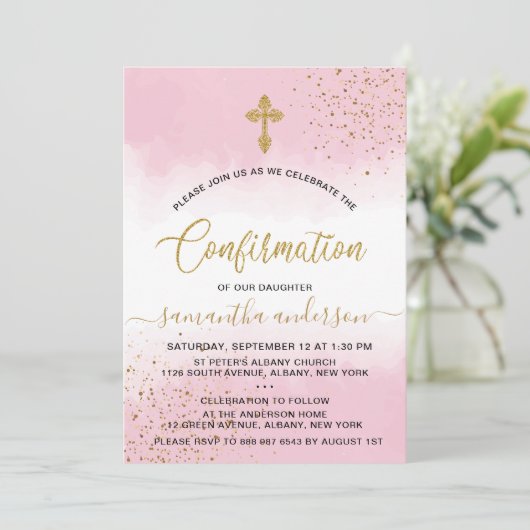 Goud en roze Waterverf meisjes bevestiging Kaart (Staand voorkant)