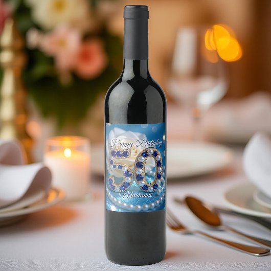 Goud en saffier edelsteen 50e verjaardag wijn etiket