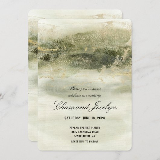 Goud- en Sage-Waterverf Wave Wedding Kaart (Voorkant / Achterkant)