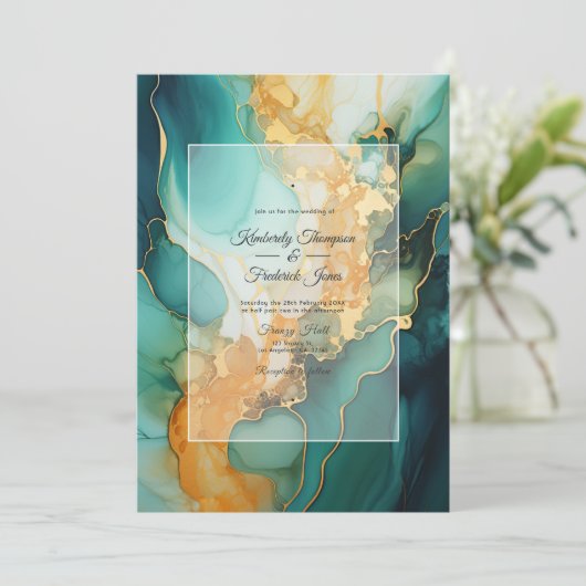 Goud en Smaragd Alcohol Ink Bruiloft Kaart (Staand voorkant)