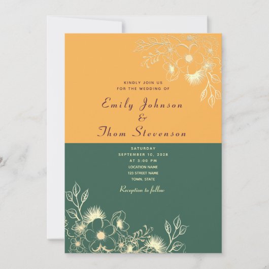 Goud en Smaragd Groene Bruiloft Uitnodiging (Voorkant)