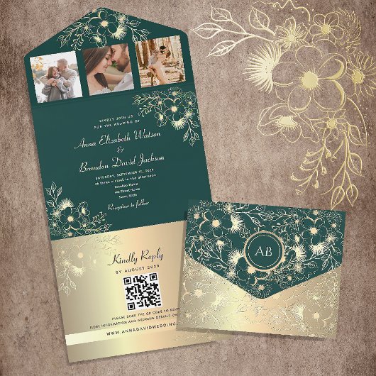 Goud en Smaragd Groene Huwelijk QR Code All In One Uitnodiging