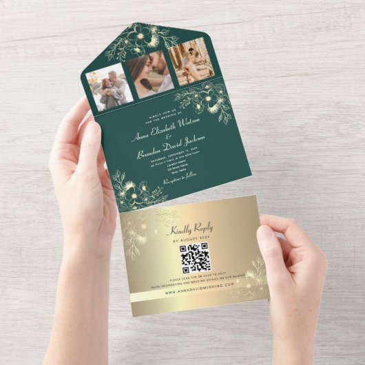 Goud en Smaragd Groene Huwelijk QR Code All In One Uitnodiging (Afscheurbaar)