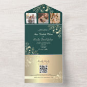 Goud en Smaragd Groene Huwelijk QR Code All In One Uitnodiging (Binnen)