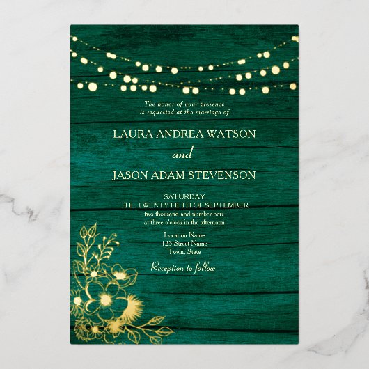 Goud en Smaragd Groene Huwelijk QR Code Folie Uitnodiging (Voorkant)