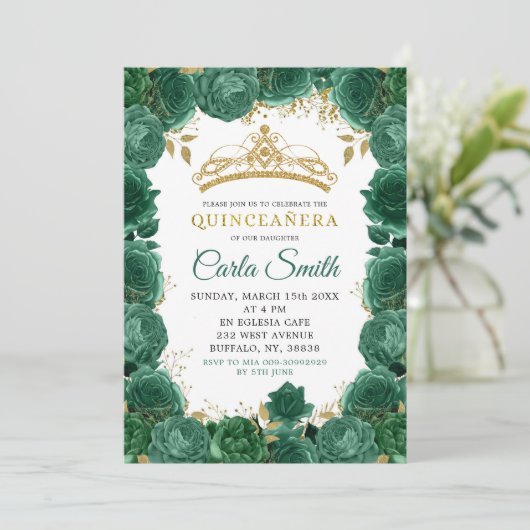 Goud en Smaragdgroene Rozen Quinceañera Kaart (Staand voorkant)