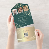 Goud en Smaragdgroene Trouw QR Code All In One Uitnodiging (Afscheurbaar)