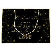 Goud en sparkles sterren op zwart groot cadeauzakje (Voorkant)