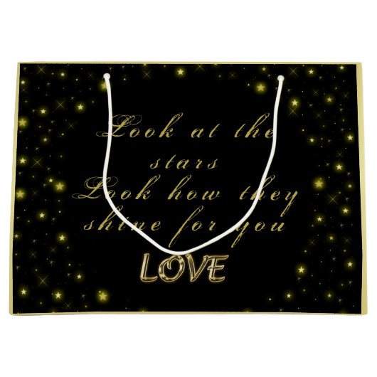Goud en sparkles sterren op zwart groot cadeauzakje (Voorkant)