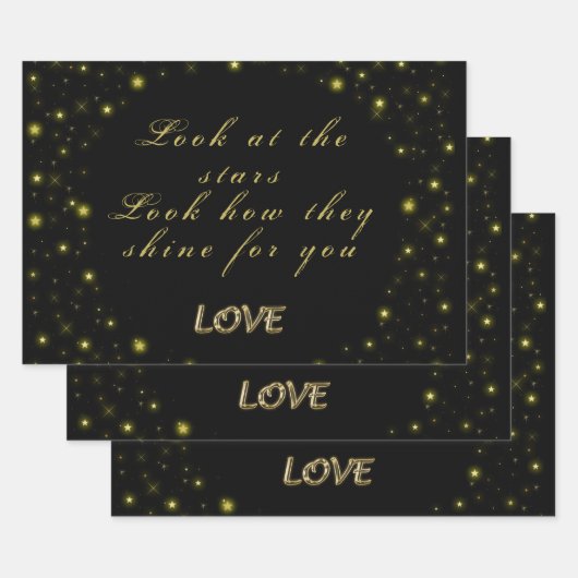 Goud en sparkles sterren op zwart inpakpapier vel (Set)